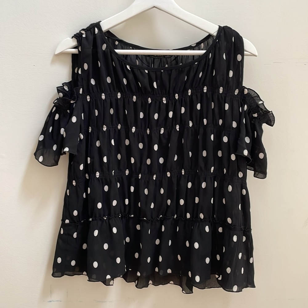 Zara black white polka dots cold shoulder blouse size medium